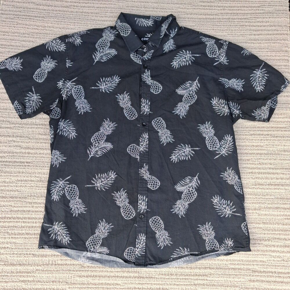 CONNOR Mens XL Slim Shirt Black Pineapple Print Short Sleeve Button Down Casual